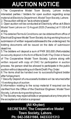The Cooperative Model Town Society Lahore Tender Notice